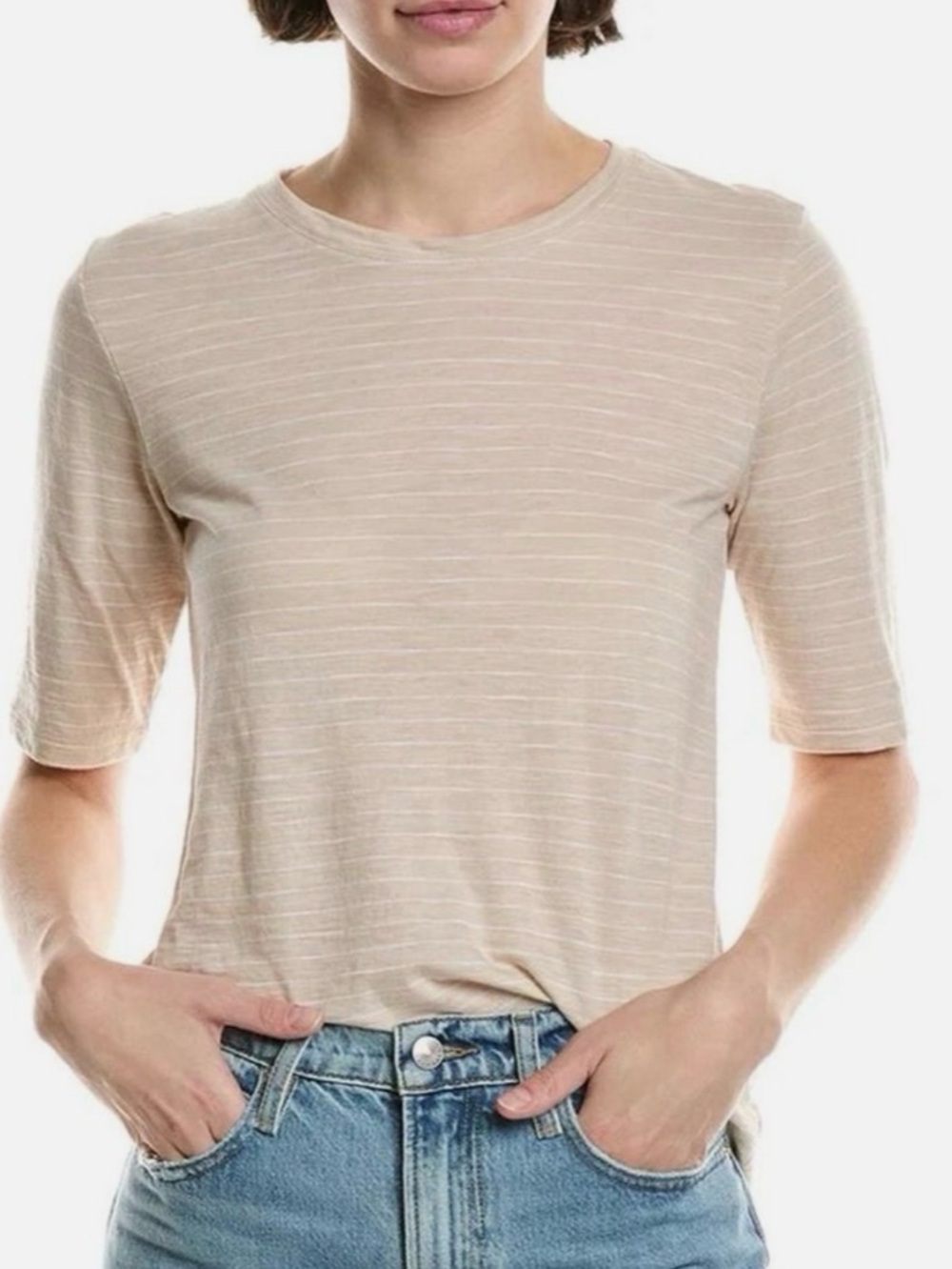 Vince Essential Elbow Length T-Shirt in Beige with White Stripes
